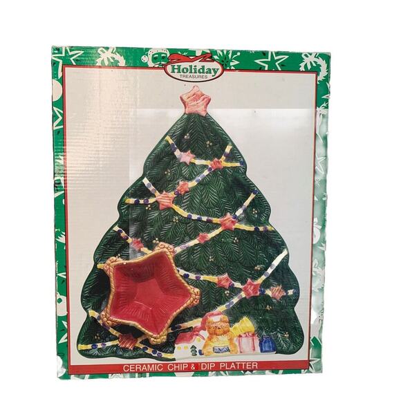 Vintage Chip Dip Platter World Bazaar’s Christmas Tree Condiments NIB New In Box - Picture 3 of 13